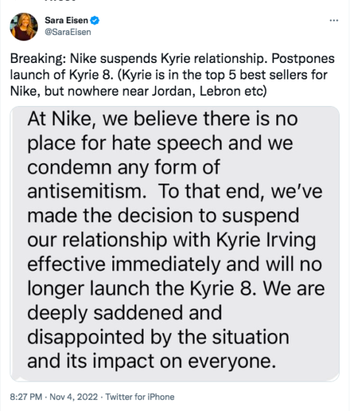 Güncelleme: Kyrie Irving - Nike, Antisemitizm Fallout Ortasında Nets Yıldızı İle İlişkisini Askıya Aldı, Artık 'Kyrie 8' Sneaker'ı Piyasaya Sürmeyecek
