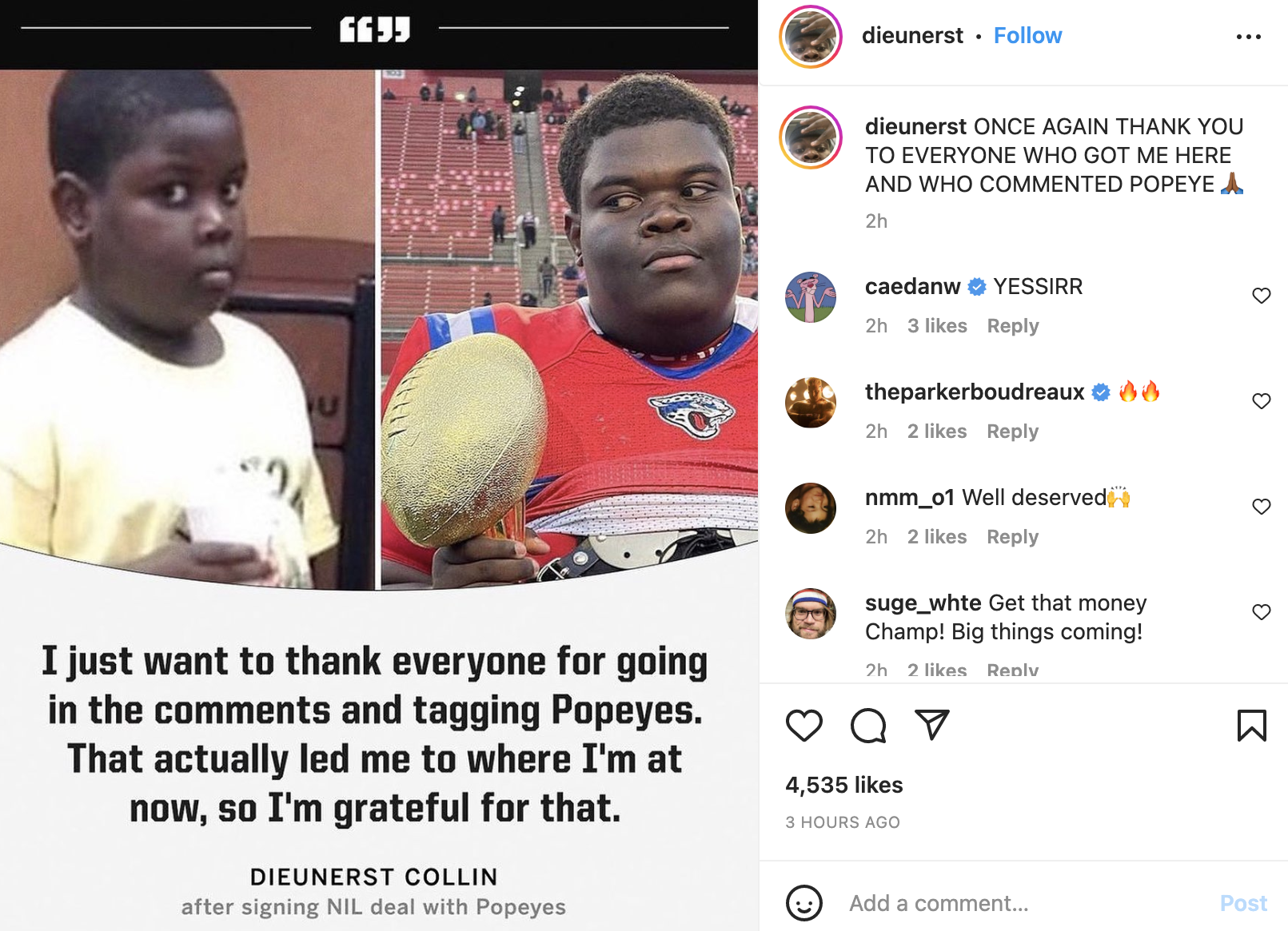 'Popeyes Meme Kid' Lands NIL Deal w/ Fast Food Chicken Chain Thank You
