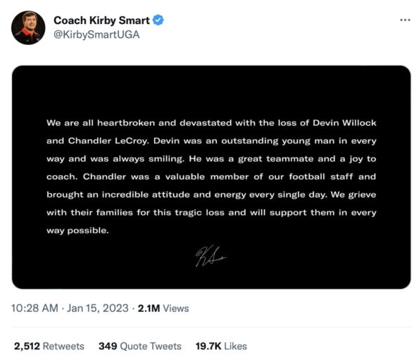 Georgia's Kirby Smart on deaths of 2 football team members: 'We are all  heartbroken and devastated