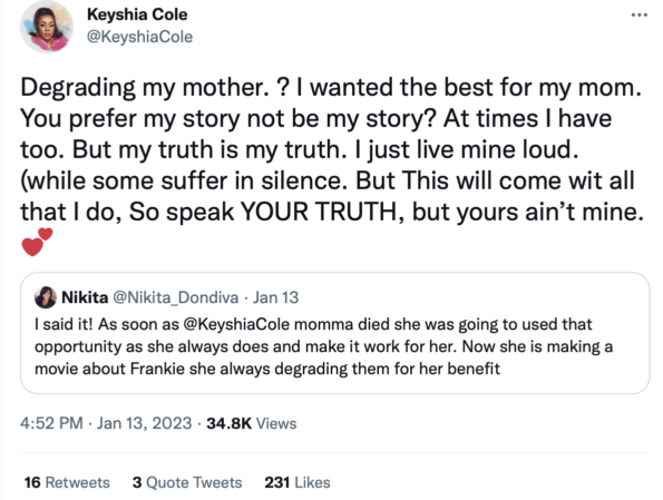 Keyshia Cole breaks silence on mom Frankie Lons' death