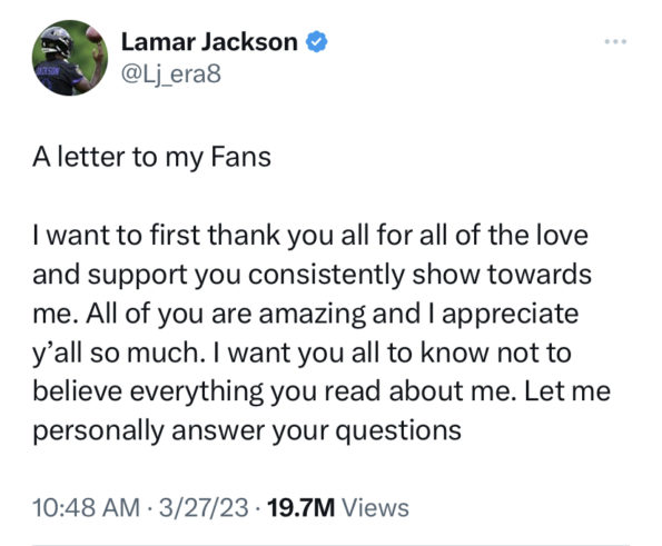 Ravens' Lamar Jackson Shares 'Letter to My Fans,' Requests Trade