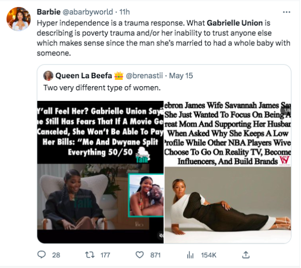 Gabrielle Union, Sosyal Medya Kullanıcılarının Kocası Dwyane Wade ile Faturaları 50/50 Böldüğü Haberine Tepki Verirken Eğilimler: "Hiper Bağımsızlık Bir Travma Tepkisidir"